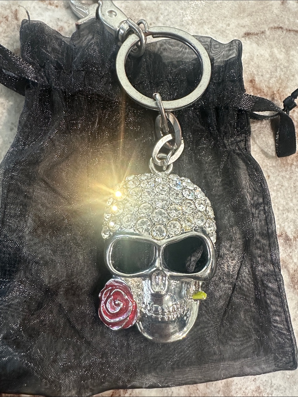 Crystal Skull Keychain with Red Rose Accent - Women Accessories